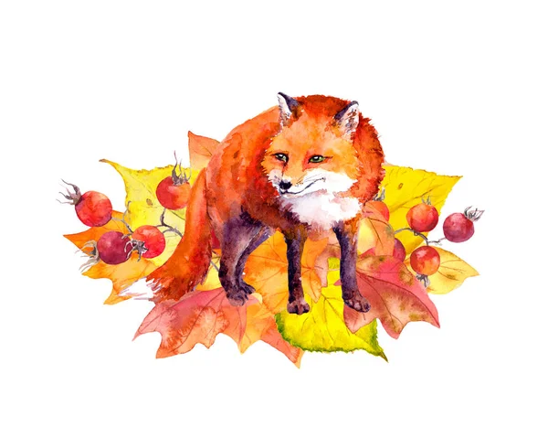 Cute fox in autumn leaves. Watercolor — Stock Photo, Image