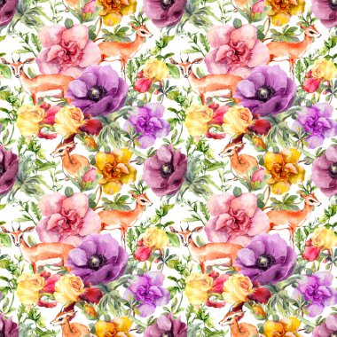 Çiçek hayvan antilop. Yinelenen desen. Suluboya