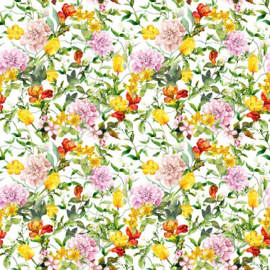 Vintage yaz çiçekler, yapraklar, otlar. Çiçek arka plan yinelenen. Suluboya