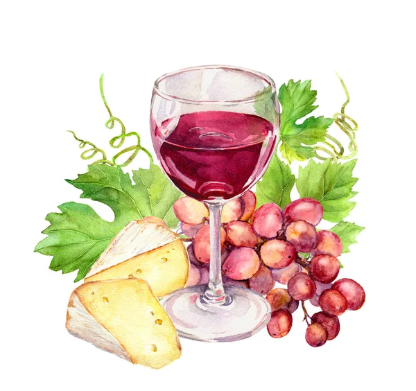 Copa de vino tinto con hojas de vid, queso, bayas de uva. Acuarela — Foto de Stock