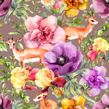 Çiçek hayvan antilop. Vintage yinelenen desen. Suluboya