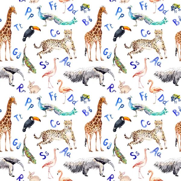 Wzór z dzikich zwierząt, ptaków i litery alfabetu. Akwarela zoo — Zdjęcie stockowe