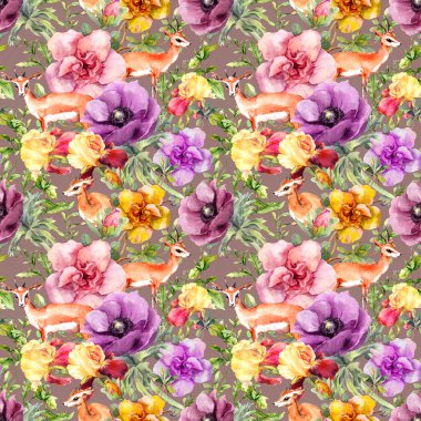 Çiçek hayvan antilop. Yinelenen duvar kağıdı. Suluboya