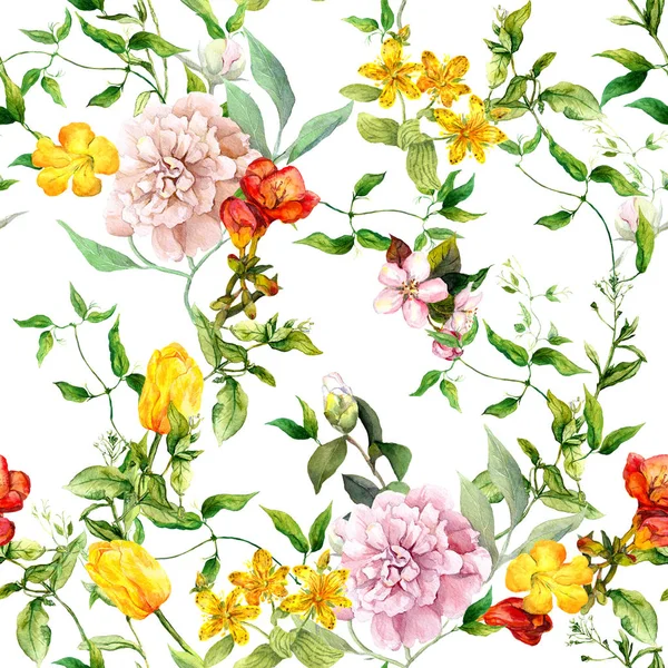 Vintage sommarblommor, blad, örter. Upprepande blommig bakgrund. Akvarell — Stockfoto