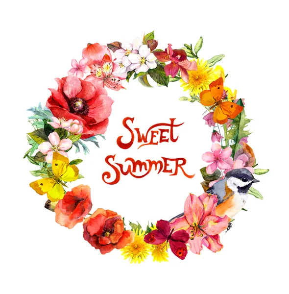 Floral wreath with bird, butterflies, meadow flowers, grass, butterflies. Watercolor round border with positive quote Sweet summer — Stock Photo, Image
