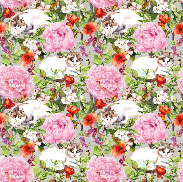 Kočky, ležící v trávě, květiny. Květinový vzor bezešvé. Akvarel — Stock fotografie