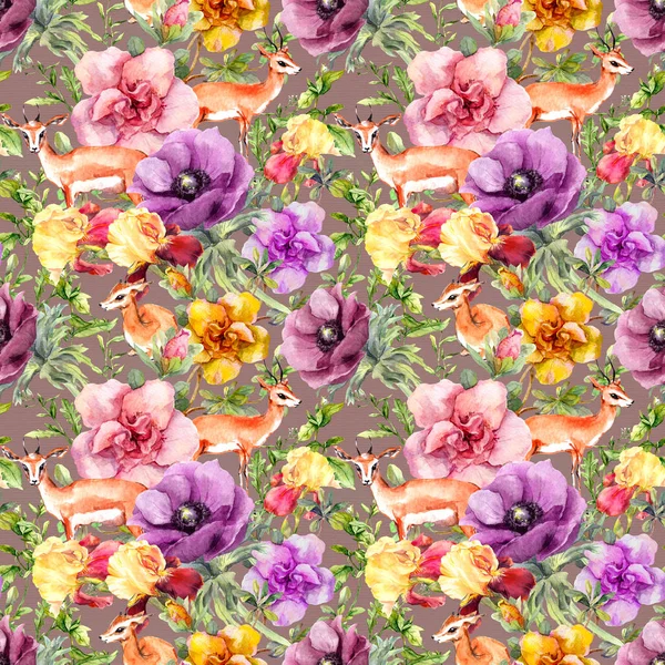Antílope animal en flores. Repetir fondo de pantalla. Acuarela —  Fotos de Stock