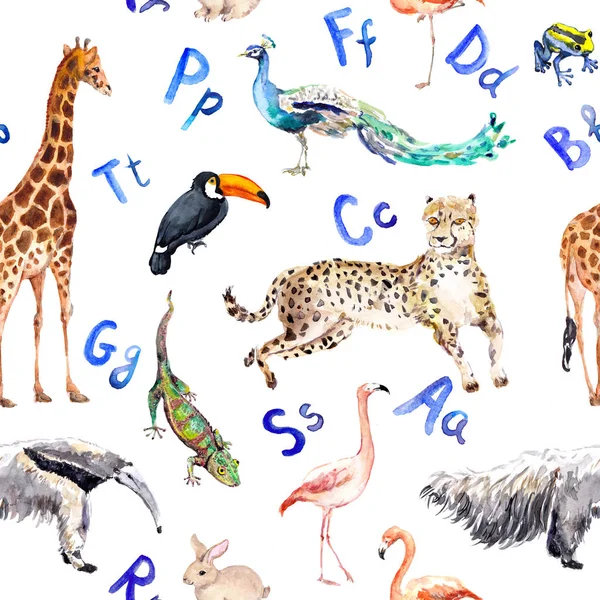 Patrón sin costuras con animales salvajes, pájaros y letras del alfabeto. Acuarela del zoológico —  Fotos de Stock
