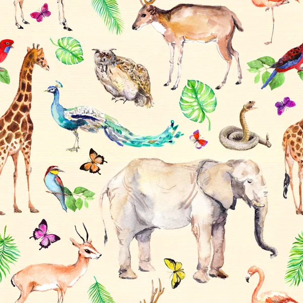 Wildtiere und Vögel - Zoo, Tierwelt - Elefant, Giraffe, Hirsch, Eule, Papagei, andere. nahtloses Muster. Aquarell — Stockfoto