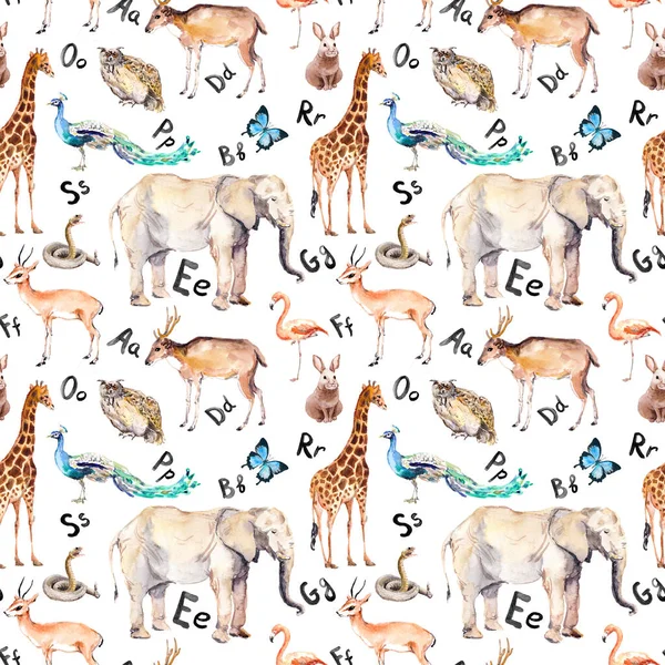 Alphabet letters, wild animals, birds. Childish seamless pattern. Zoo watercolor — Stock Photo, Image