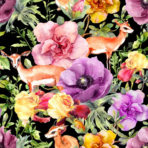 Antelope animal in flowers. Repeating floral pattern on contrast black background. Watercolor