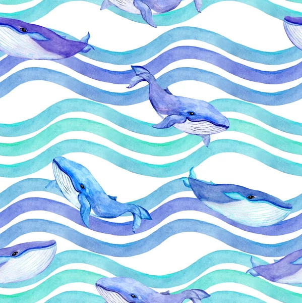 Wieloryby w fale. Jednolity wzór. Akwarela — Zdjęcie stockowe
