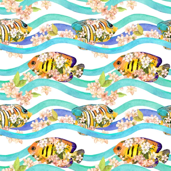 Tropikalne ryby w wiosenne kwiaty w fale, paski. Powtórzenie tła. Akwarela — Zdjęcie stockowe