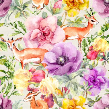 Antilop hayvan ve çiçekler. Vintage çiçek desenli yinelenen tarafsız. Pastel suluboya