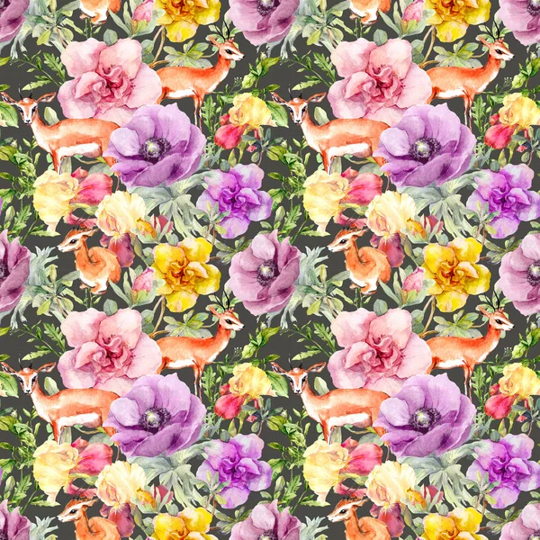 Gazela animal em flores. Repetindo padrão floral. Aquarela — Fotografia de Stock