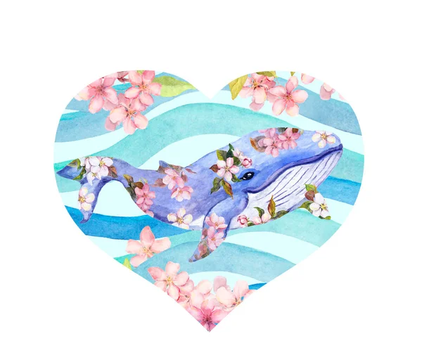 Heart with whale in flowers and sea waves. Watercolor — Stock Photo, Image