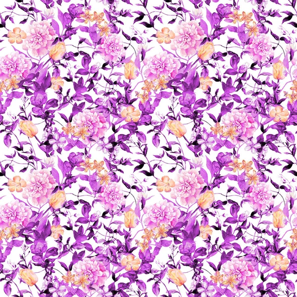 Pole kwiatów, traw, ziół. Lato bez szwu wzór. Akwarela - ultra fioletowe kolor — Zdjęcie stockowe