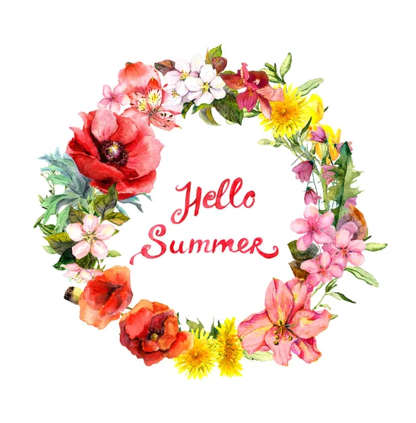 Floral wreath with blooming flowers, field grass. Watercolor round border with lettering quote Hello summer — Stock Photo, Image