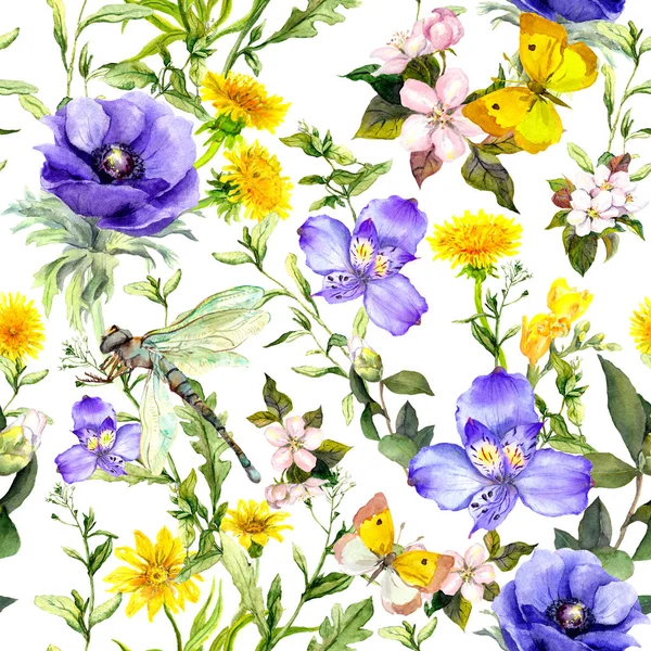 Yaz çiçek, çayır otları, otlar bahar. Sorunsuz doğal arka plan. Suluboya mavi renkte