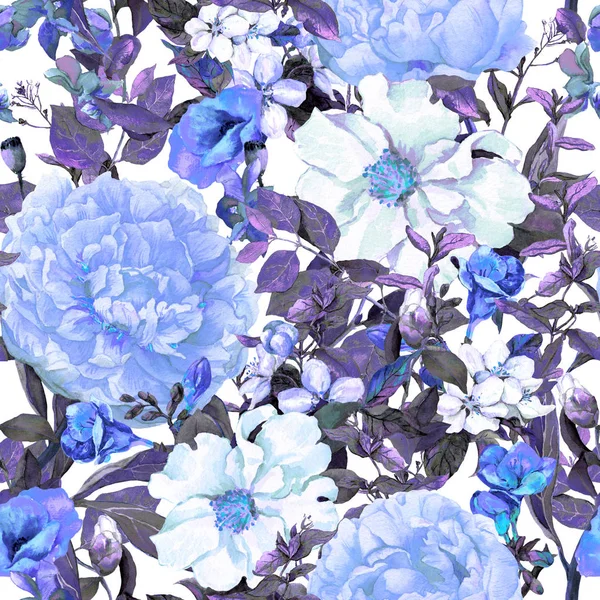 Flowers, leaves, grass. Seamless vintage floral background in blue color. Watercolor — Stock Photo, Image