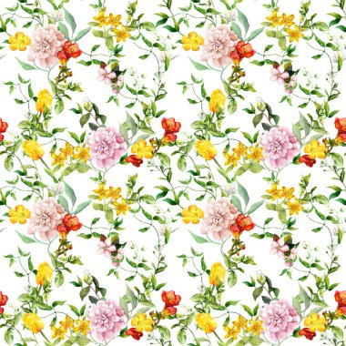 Vintage yaz çiçekler, yapraklar, otlar. Çiçek arka plan yinelenen. Suluboya