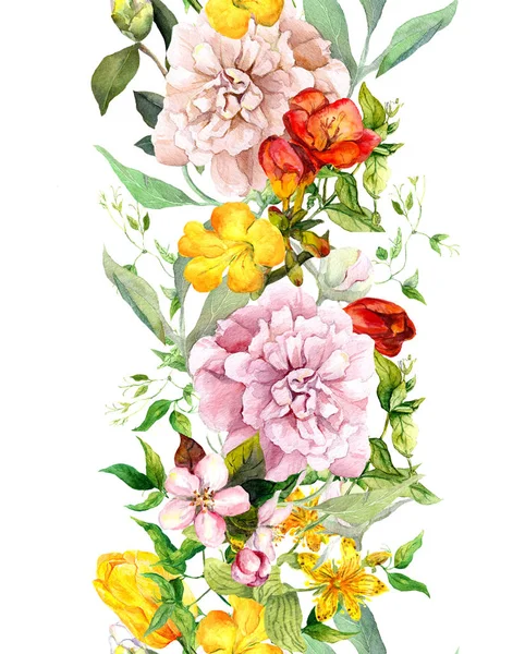 Bloemen weide, wilde grassen en bladeren. Herhalende zomer grens. Bloemen-aquarel — Stockfoto