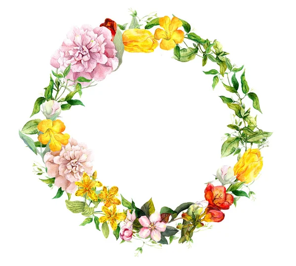 A grinalda floral - flores florescentes, grama de campanha. Watercolor borda redonda — Fotografia de Stock