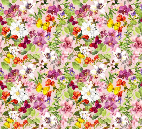 Bright flowers, butterflies - colorful garden. Floral wallpaper. Watercolour — Stock Photo, Image