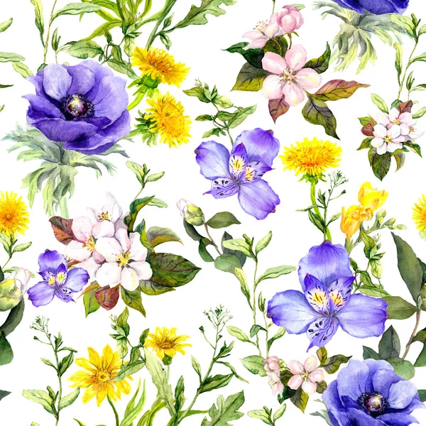 Summer flowers, meadow grasses, spring herbs. Seamless natural background. Watercolor in blue color — Stock Photo, Image