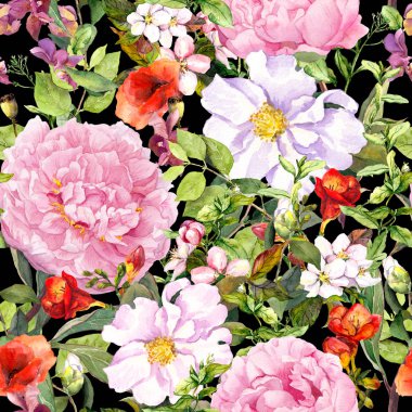 Çiçekler, yapraklar, çayır çimen, karşıtlık siyah arka plan. Sorunsuz çiçek desenli. Suluboya