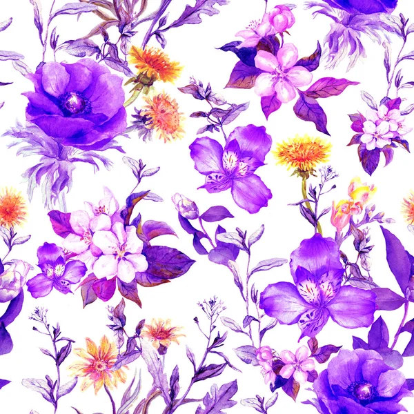 Sommerblumen, Wiesengräser, Frühlingskräuter. nahtloser natürlicher Hintergrund. Aquarell in ultravioletter Farbe — Stockfoto