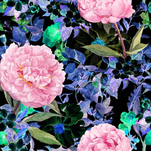 Çiçekler, yapraklar, çim. Çiçek desenli siyah arka plan üzerine yinelenen vintage. Suluboya — Stok fotoğraf