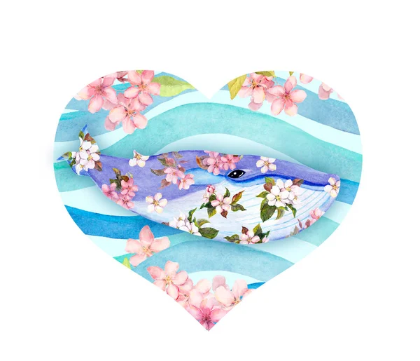 Coração com baleia em flores e ondas do mar. Aquarela — Fotografia de Stock