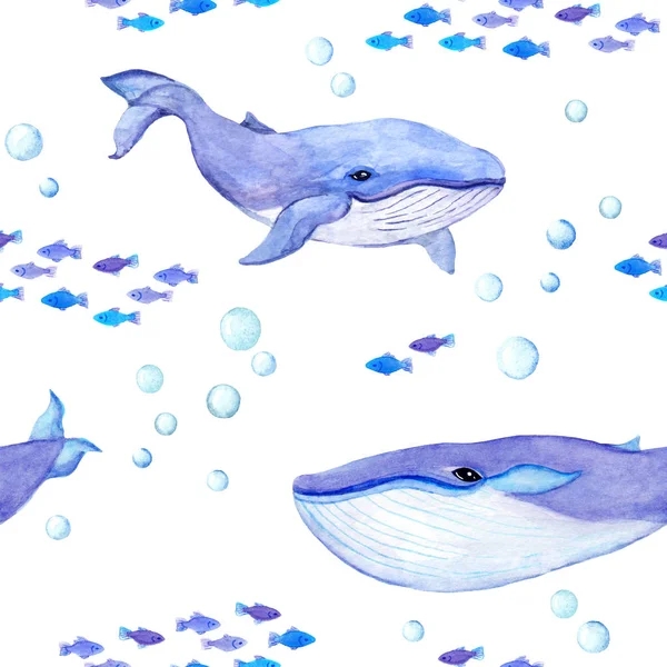 Whale animals. Sea seamless patterns with whales, fishes. Watercolor — Stock Photo, Image