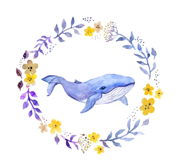 Whale in floral wreath. Watercolor — Stock Photo, Image