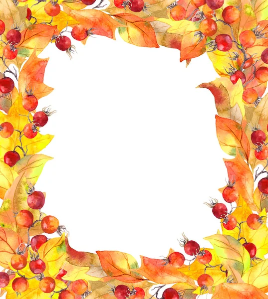 Autumn leaves and berries. Autumn frame. Watercolor card — Stock Photo, Image