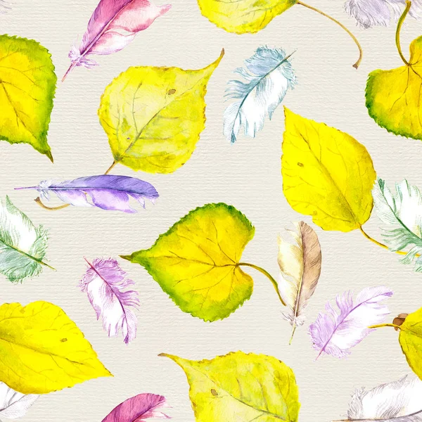 수채화 노란색가 나뭇잎과 깃털. 반복된 패턴. — 스톡 사진
