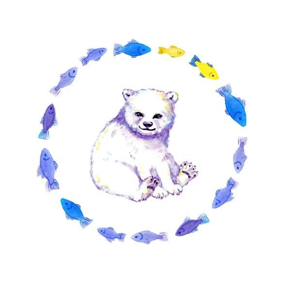 Cute polar bear cub, white bear animal in wreath of fishes. Watercolor — Stock Photo, Image