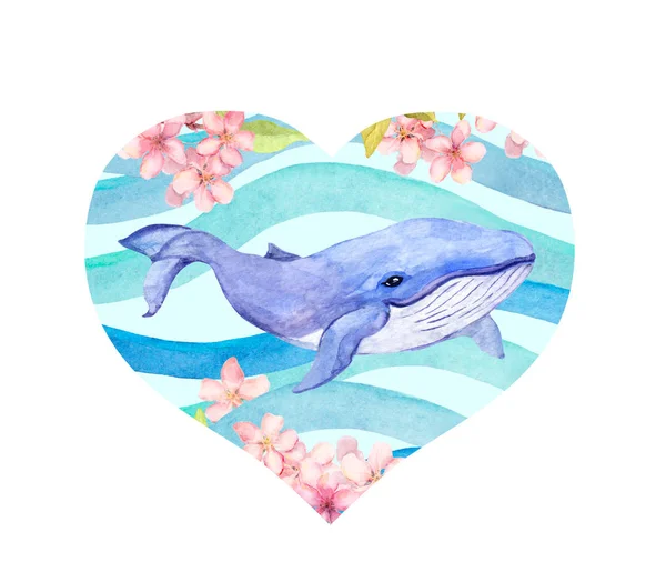 Heart with cute whale, flowers, sea waves. Watercolor for Whale day — Stock Photo, Image