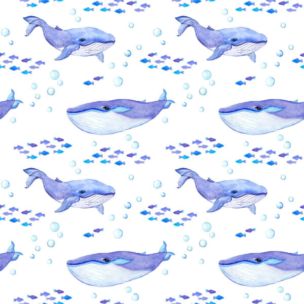 Des baleines. Motifs sans couture de la mer avec des baleines, des poissons. Aquarelle — Photo