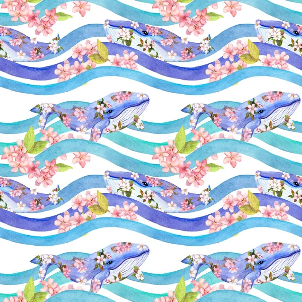 Balinalar dalgalar, çizgili pembe çiçekler içinde. Seamless modeli. Suluboya — Stok fotoğraf