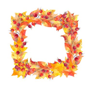 Sonbahar yaprakları ve meyveleri. Sonbahar çerçeve. Suluboya kartı