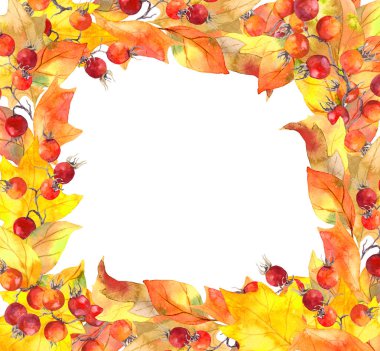 Sonbahar yaprakları ve meyveleri. Sonbahar çerçeve. Suluboya