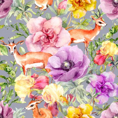 Ceylan hayvan ve çiçekler. Yinelenen doğal desen. Suluboya