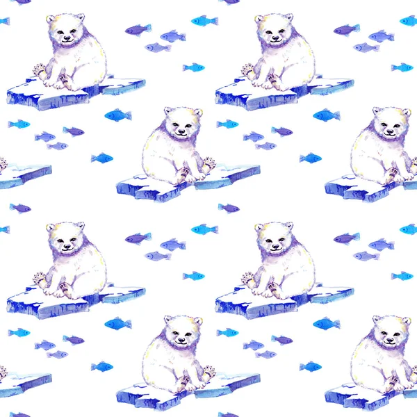 Білий ведмідь тварина на льоду з рибами. Безшовні візерунки. Акварель — стокове фото