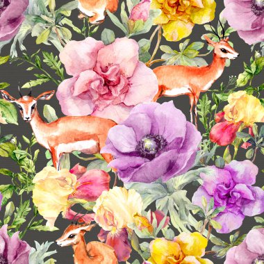 Antilop hayvan ve çiçekler. Vintage davranışıydı yinelenen desen. Sulu boya