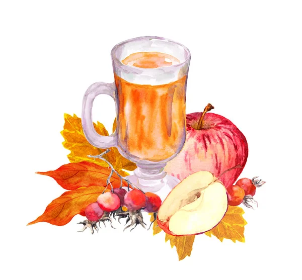 Sonbahar çay bardağı ile sonbahar yaprakları, çilek ve elma. Çay saati için suluboya — Stok fotoğraf