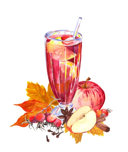 Hösten varm dryck med äpplen, bär, spicies, höstlöv. Akvarell för te gången — Stockfoto
