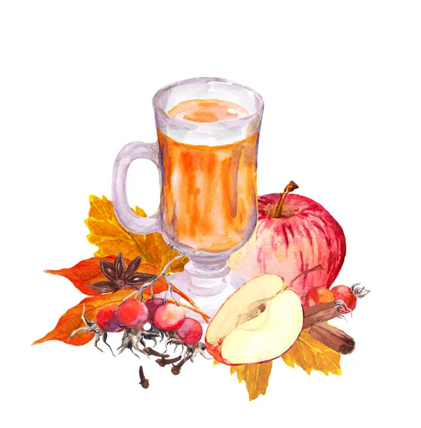 Bebida caliente de otoño en vaso con bayas, manzanas y especias en hojas de otoño. Acuarela para la tetera —  Fotos de Stock