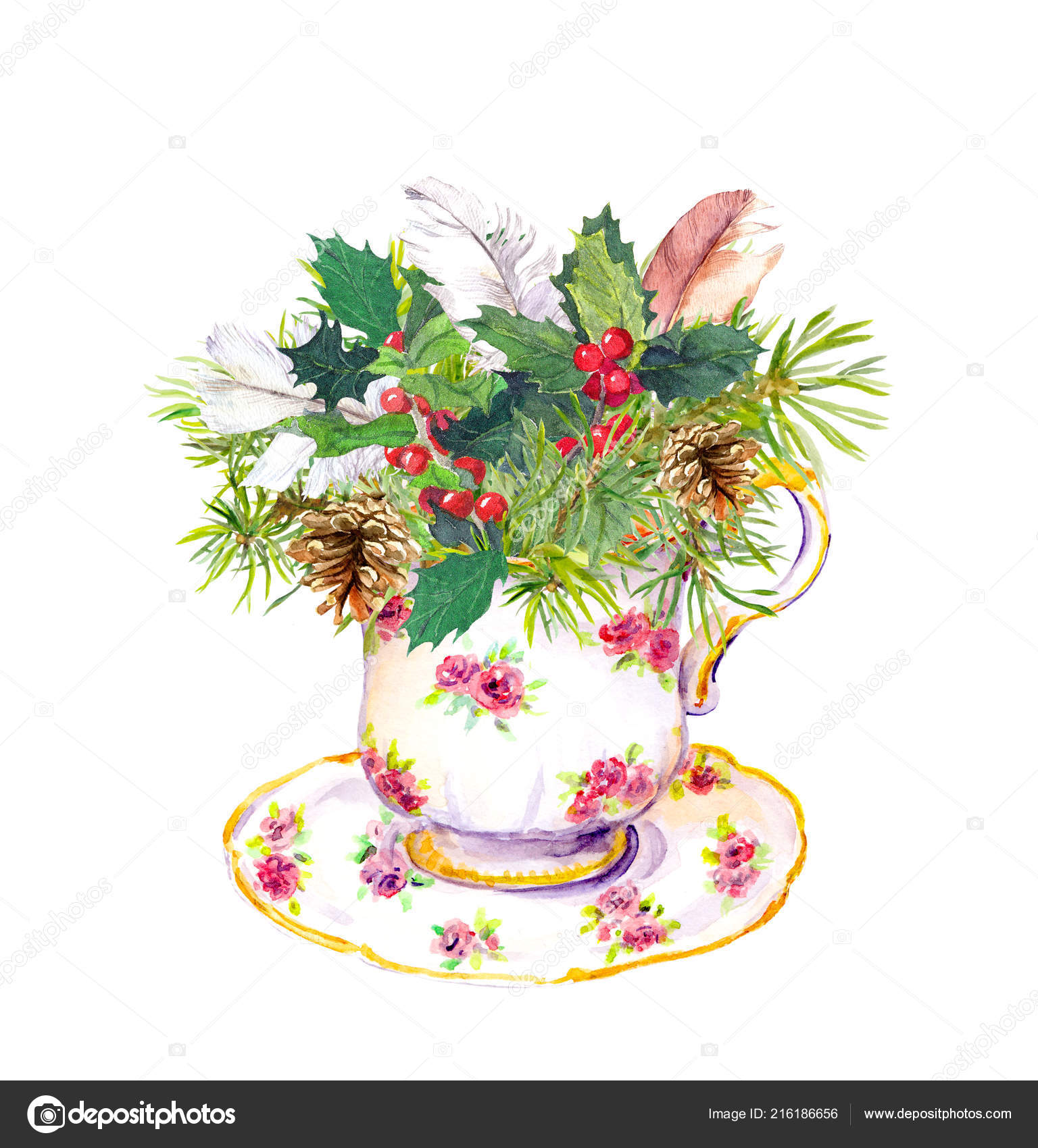 Рождественская чашка чая - елка, омела, перья бохо. Винтажная акварельнаяоткрытка для театра Стоковая иллюстрация ©zzzorikk #216186656